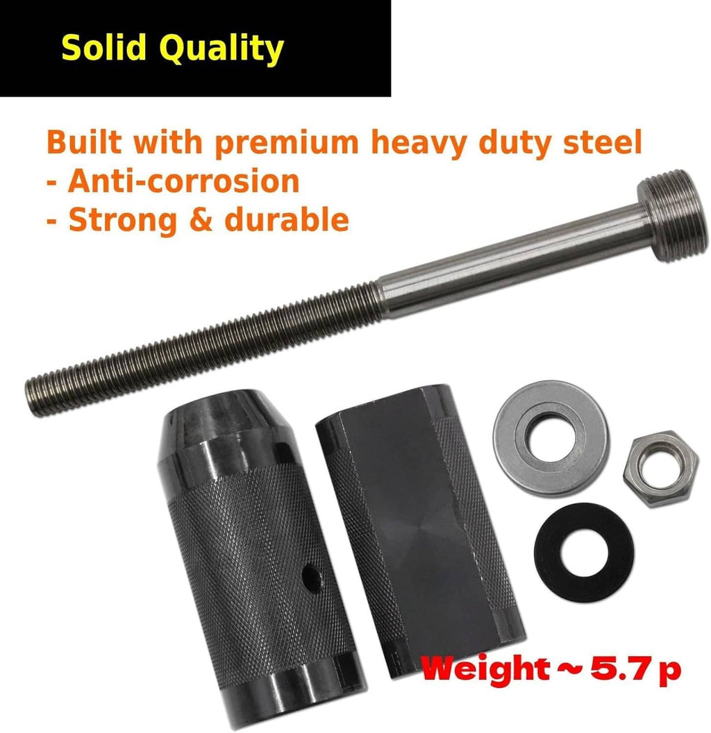 Heavy-duty steel injector sleeve installer tool set with textured black cylinder and nuts