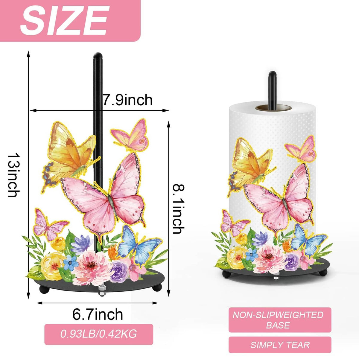 Butterfly floral paper towel holder with white cylinder, black rod, and round base