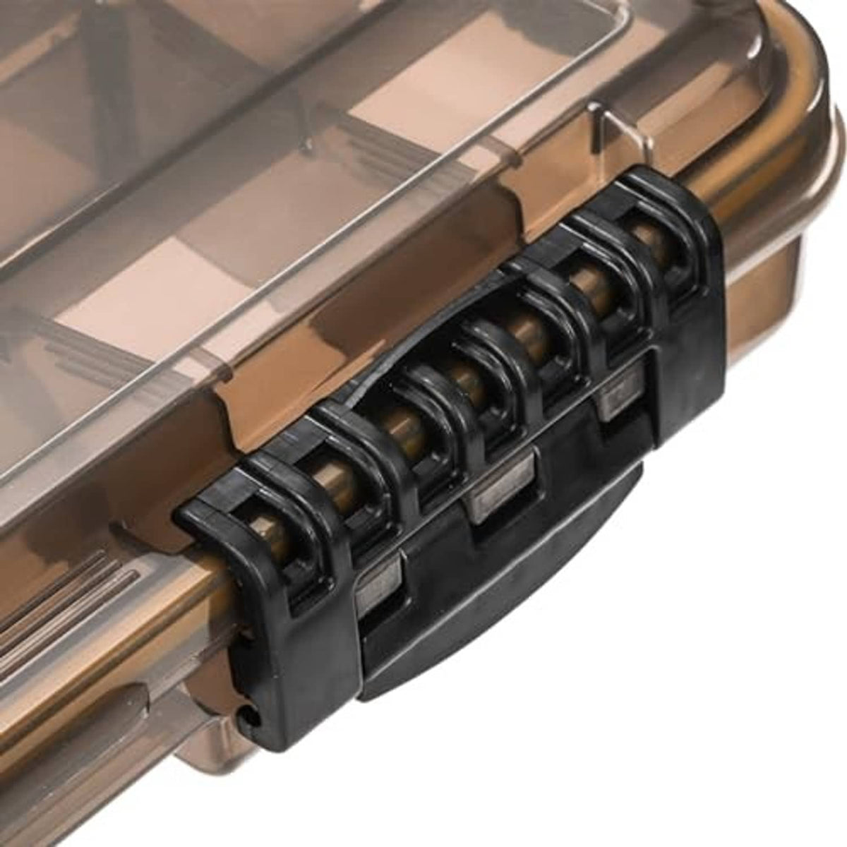 Waterproof fishing tackle box corner latches and hinge hardware, close-up