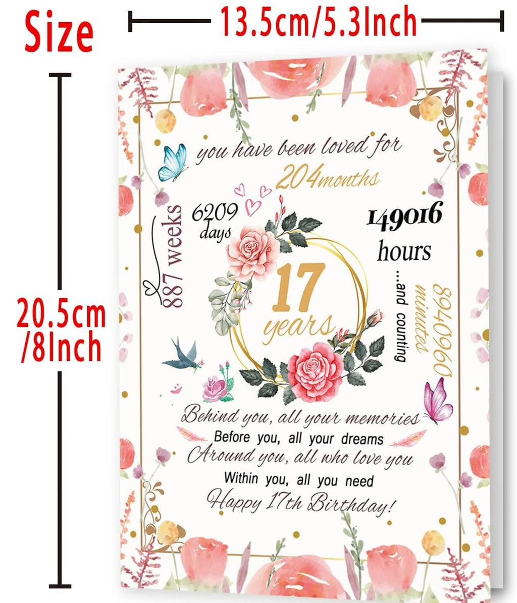 17th birthday card with floral roses, gold “17 years,” and size 13.5cm/5.3in shown