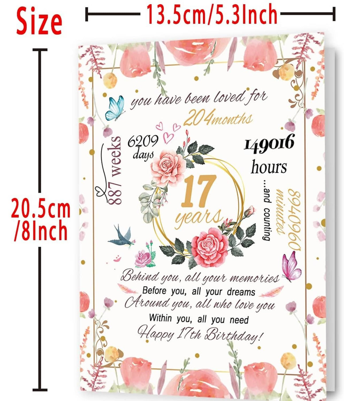 17th birthday card with floral roses, gold “17 years,” and size 13.5cm/5.3in shown