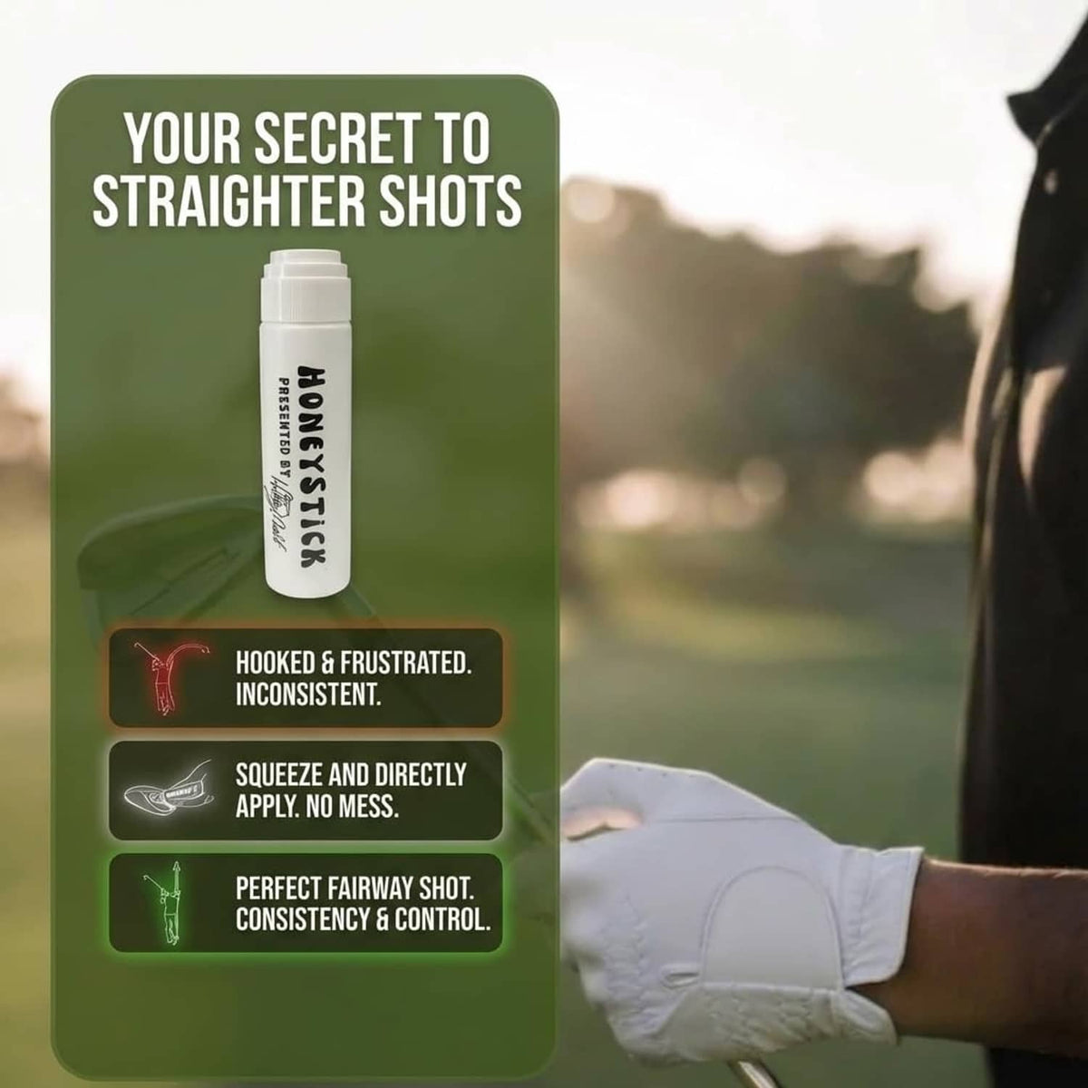 HoneyStick anti-slice gel tube on a green info panel, 'Hooked & frustrated' graphic