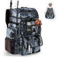 Camouflage fishing tackle backpack with rod holders, front mesh organizer and orange clips