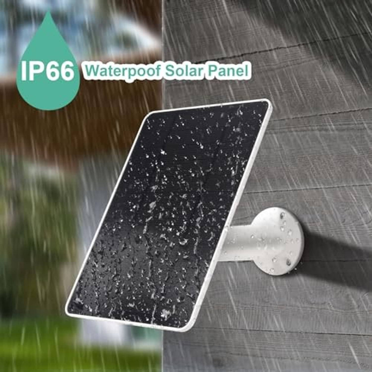 Waterproof-looking black solar panel with white mounting bracket shown in rain