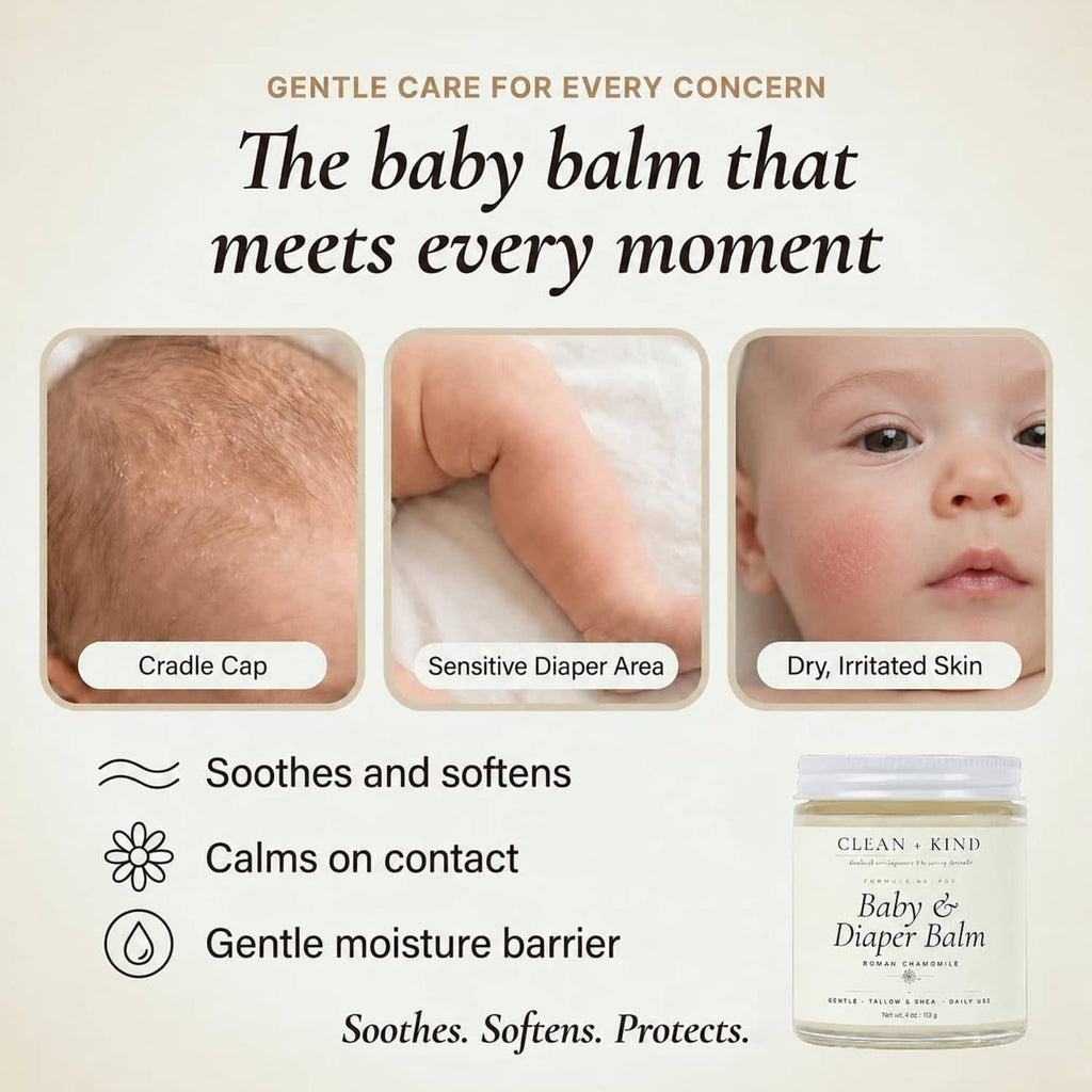 Clean + Kind Baby & Diaper Balm jar with soothing and protection care icons
