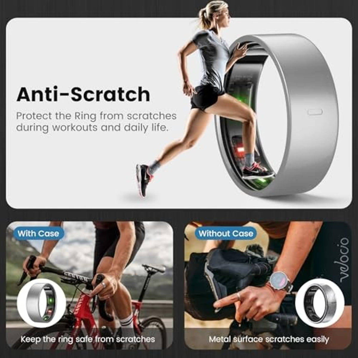 Silver TPU ring cover with anti-scratch protection shown on active and metal scratch views