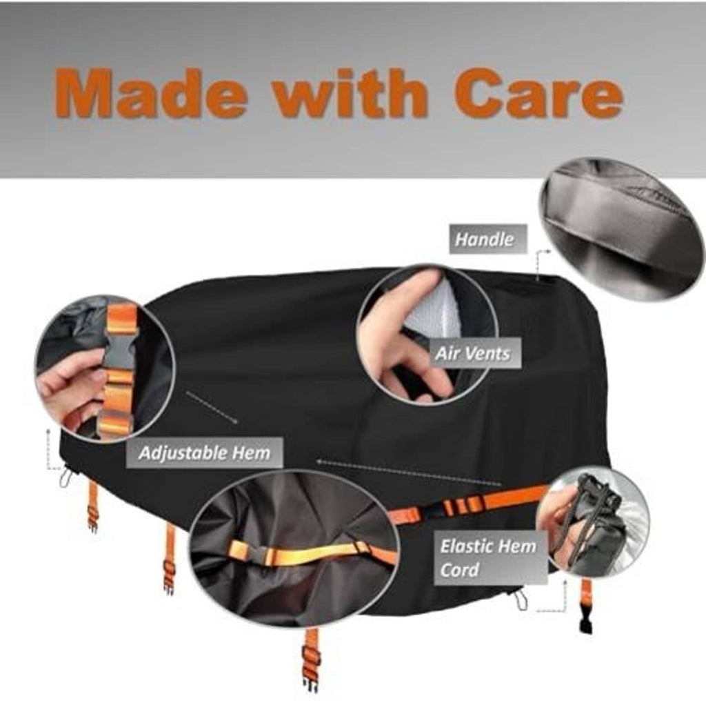 Black log splitter cover with orange stripe, handle, air vents, and adjustable hem cord