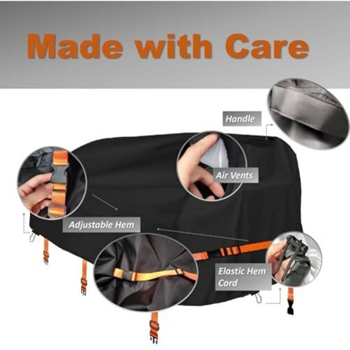 Black log splitter cover with orange stripe, handle, air vents, and adjustable hem cord