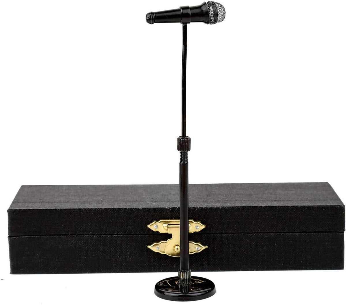 Miniature microphone on base stand, with black rectangular storage case