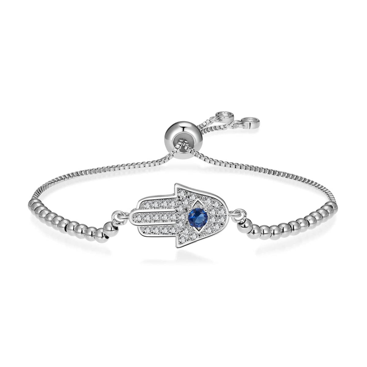 IVY TAILI silver hamsa bracelet with beaded chain and blue center stone
