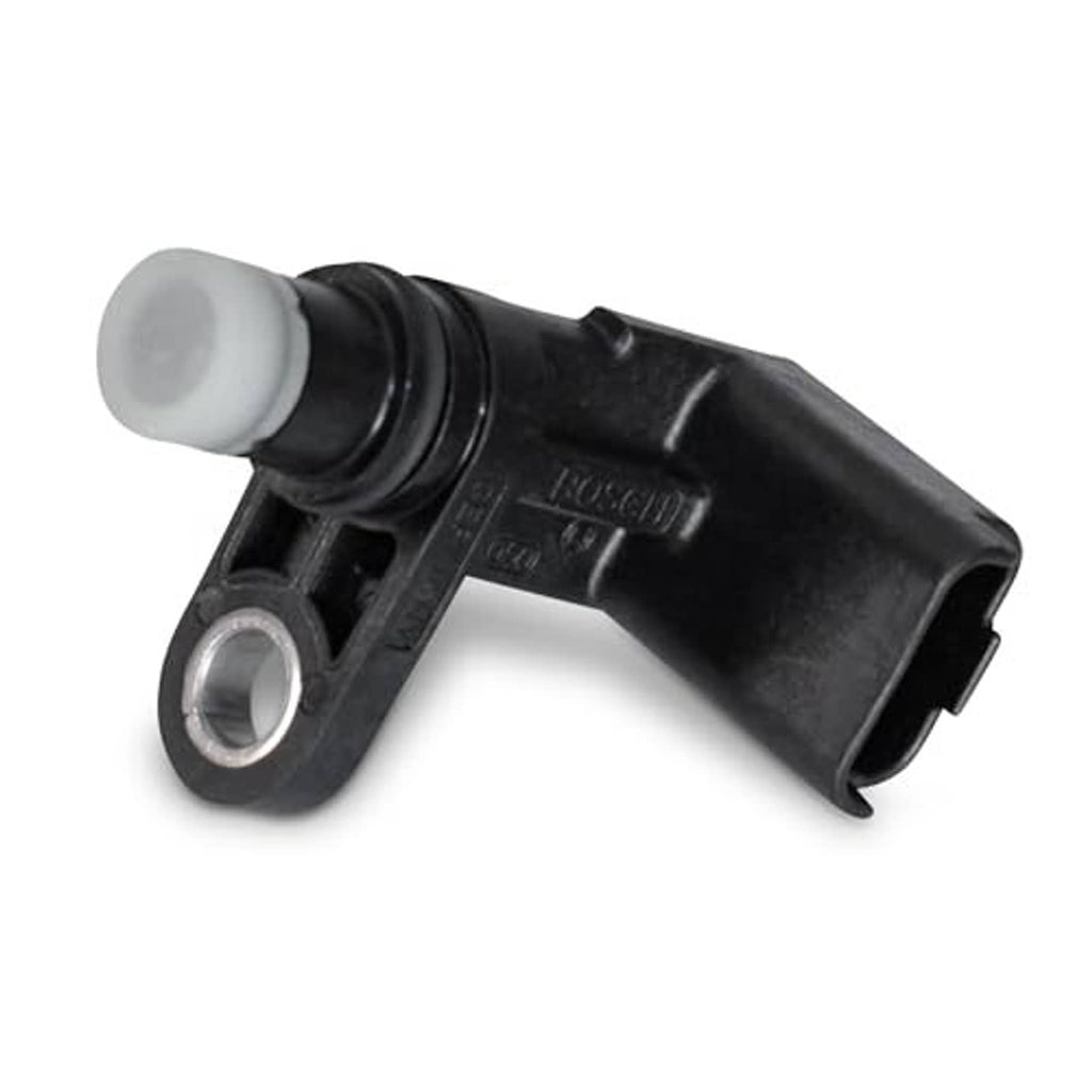 Camshaft position sensor in black with metal mounting ring and white sleeve