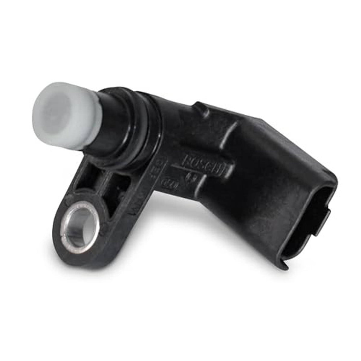 Camshaft position sensor in black with metal mounting ring and white sleeve