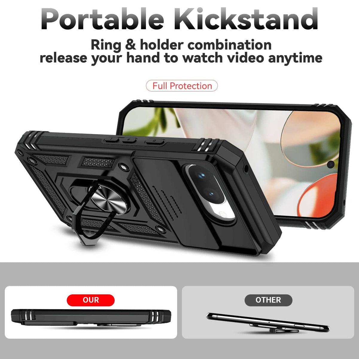 Black phone case with portable kickstand ring holder and camera lens cover