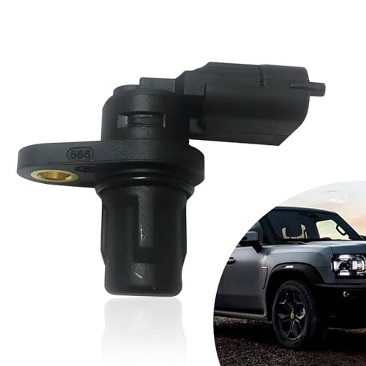 Black camshaft position sensor with gold mounting hole and angled electrical connector