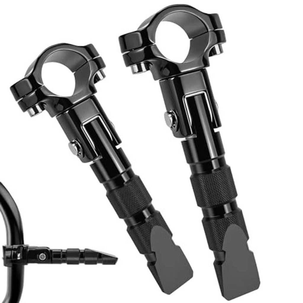 Pair of black highway footpegs with textured grip pads and round clamp mounts