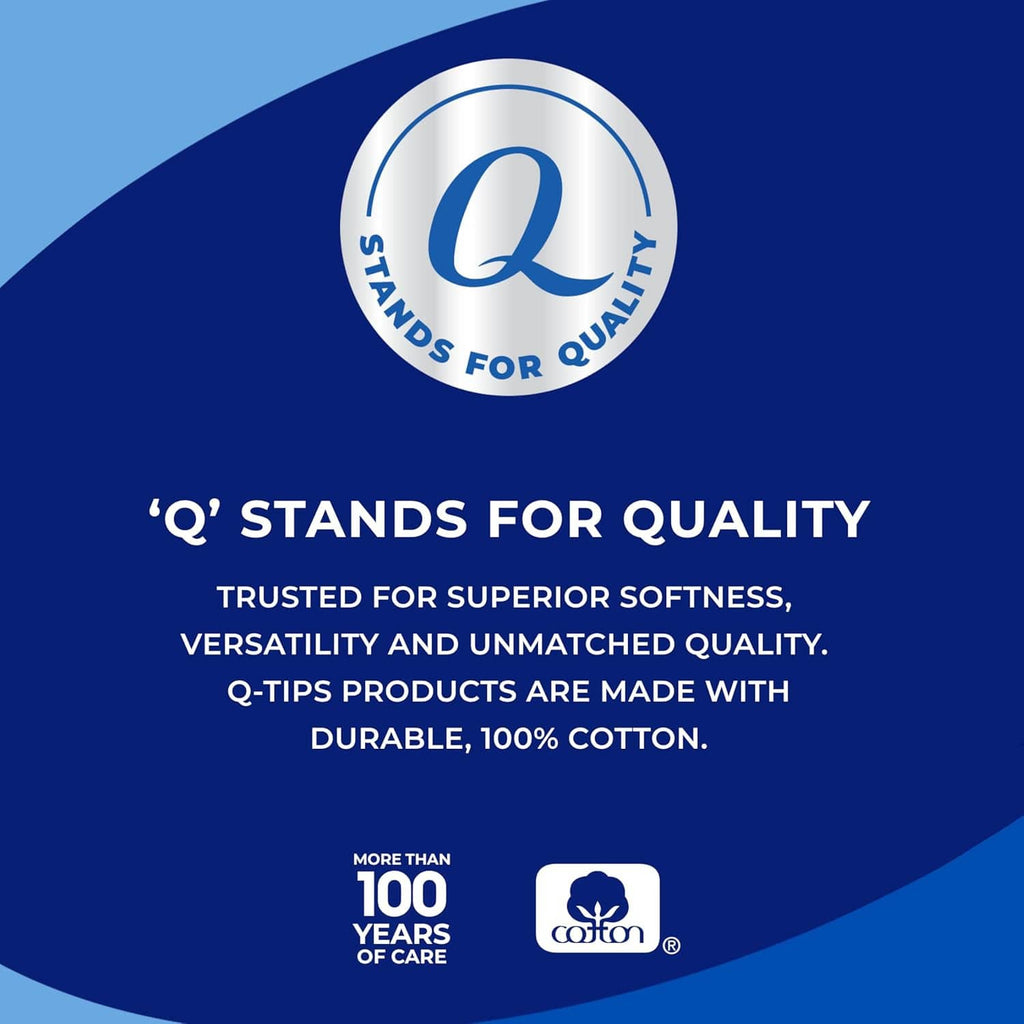 Cotton swabs box close-up with Q-tips quality seal and 100% cotton badge