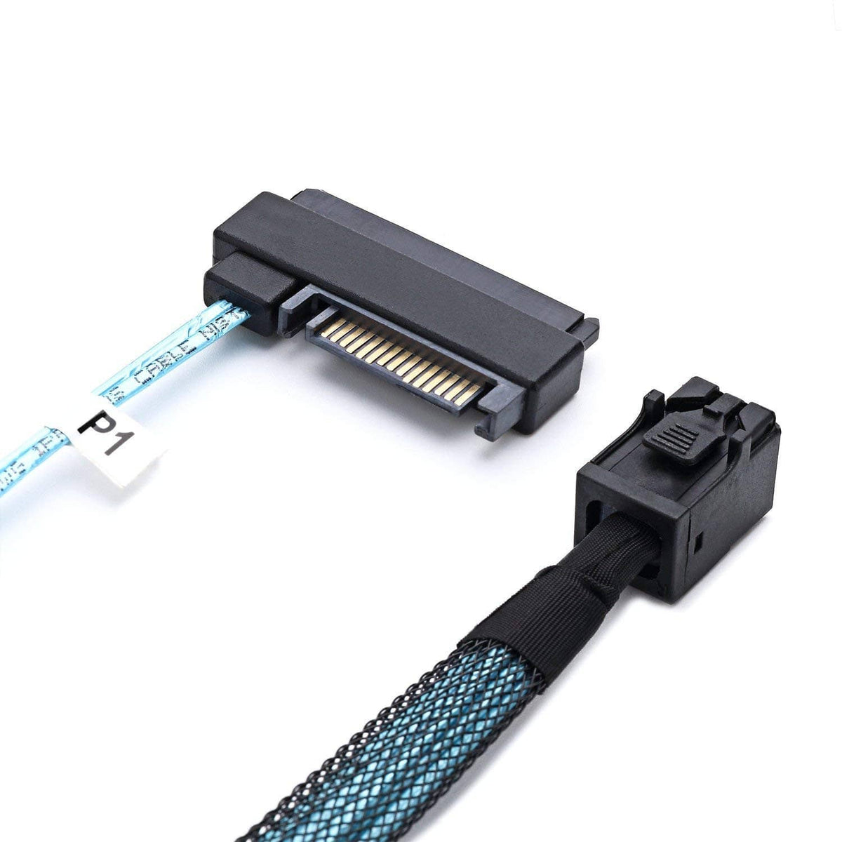 Internal mini SAS HD cable with black connector housings and blue printed ribbon leads