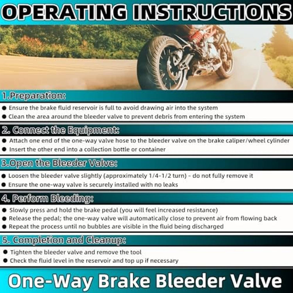 One-way brake bleeder valve system with clear hose and blue inlet connector
