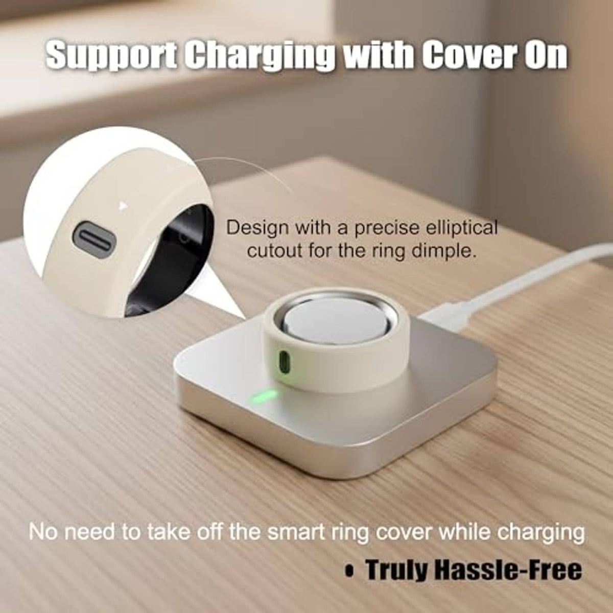 Cream white silicone ring cover with side charging cutout for a smart ring dock