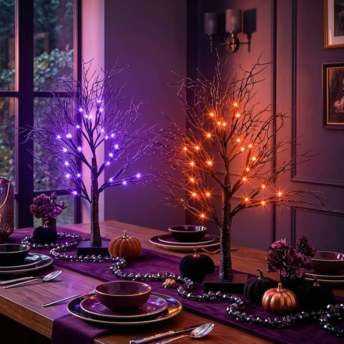 Halloween twig tree decorations with purple and orange lights, set of 2