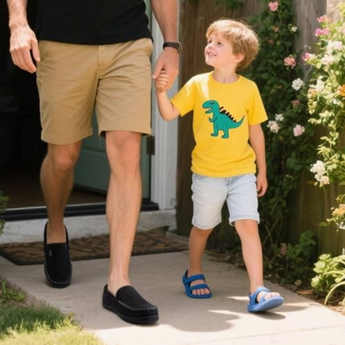 Black moccasin house slippers worn with shorts