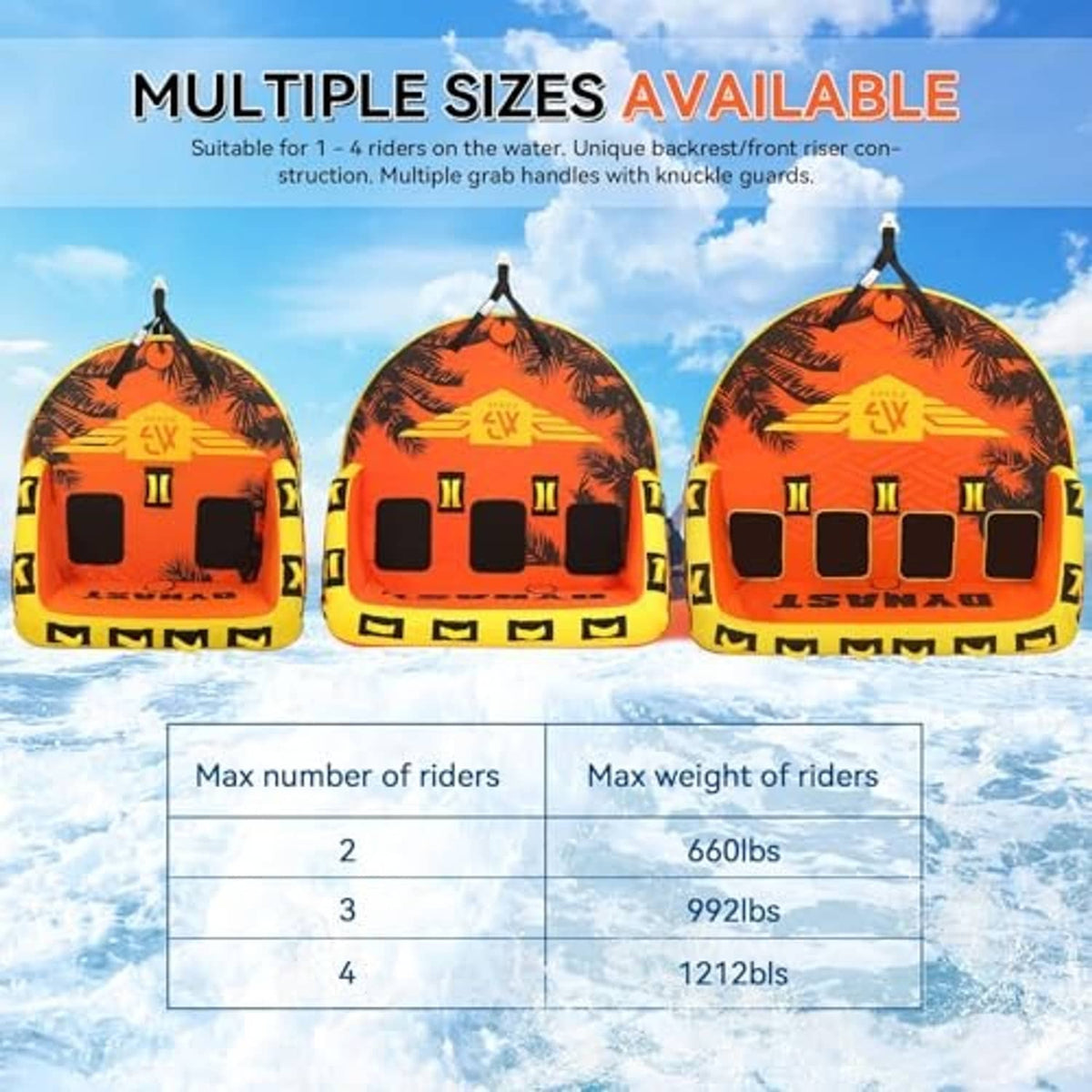 Set of three inflatable water towable tubes in orange and yellow, front view