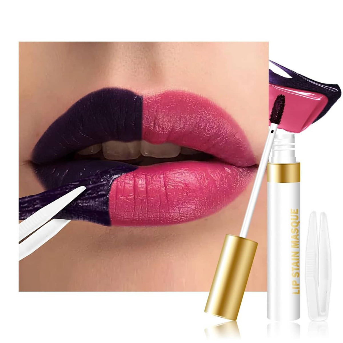 Red plum lip stain tint on lips with applicator wand and tip, close-up