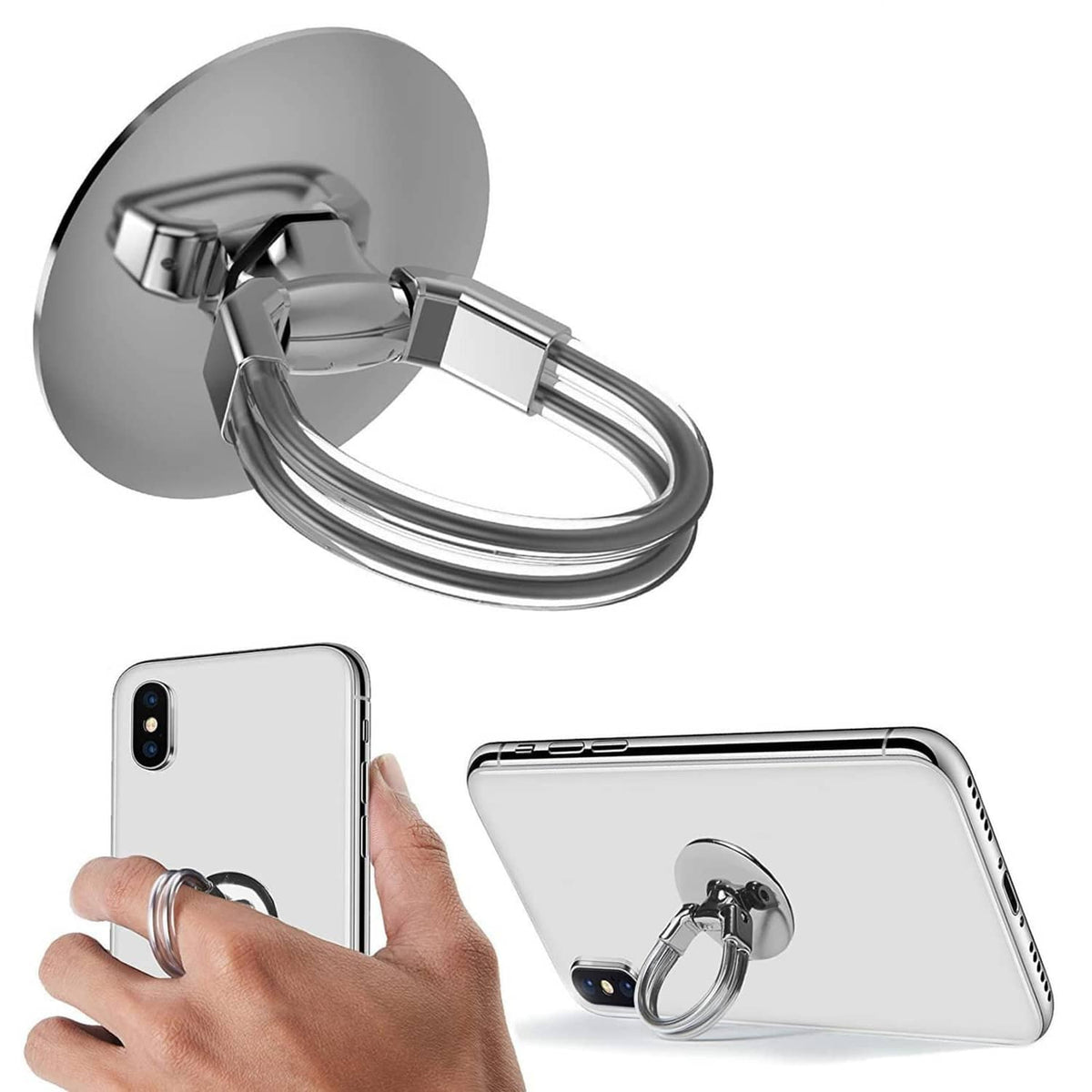 Silver phone ring holder with suction-style circular base and metal finger ring