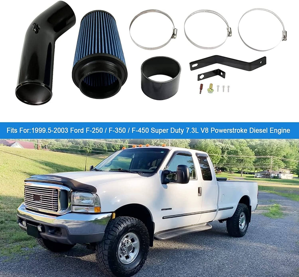 Car cold air intake kit components: black pipes, blue air filter, clamps, brackets, and bolts