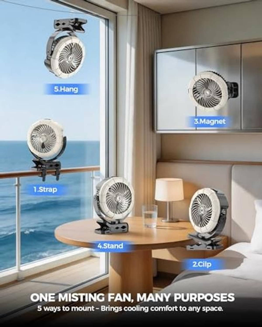 White mist fan shown mounted on window and tabletop with clip and strap options