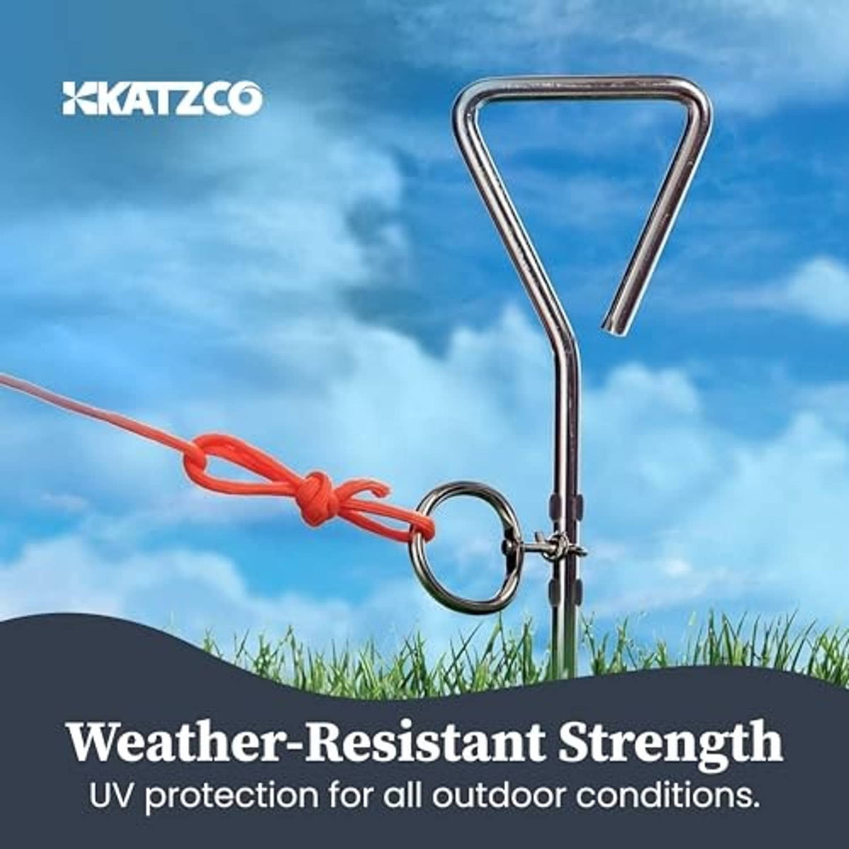 Chrome metal dog tie-out stake with tether ring and red cable loop