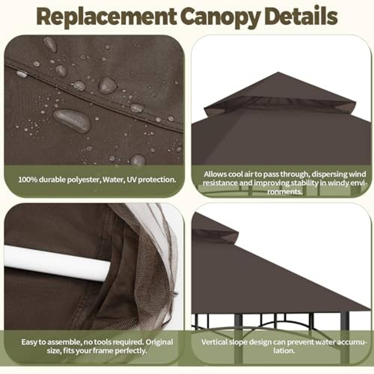 Brown canopy top cover with water-repellent and UV-resistant polyester fabric