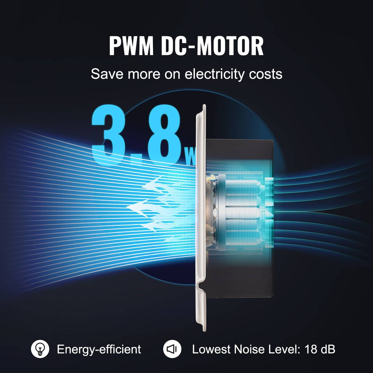 White register booster fan with visible PWM DC motor cutaway and airflow effect lines
