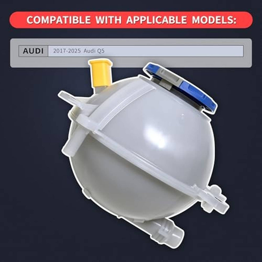 Engine coolant overflow reservoir tank with blue cap and yellow spout, angled side view.