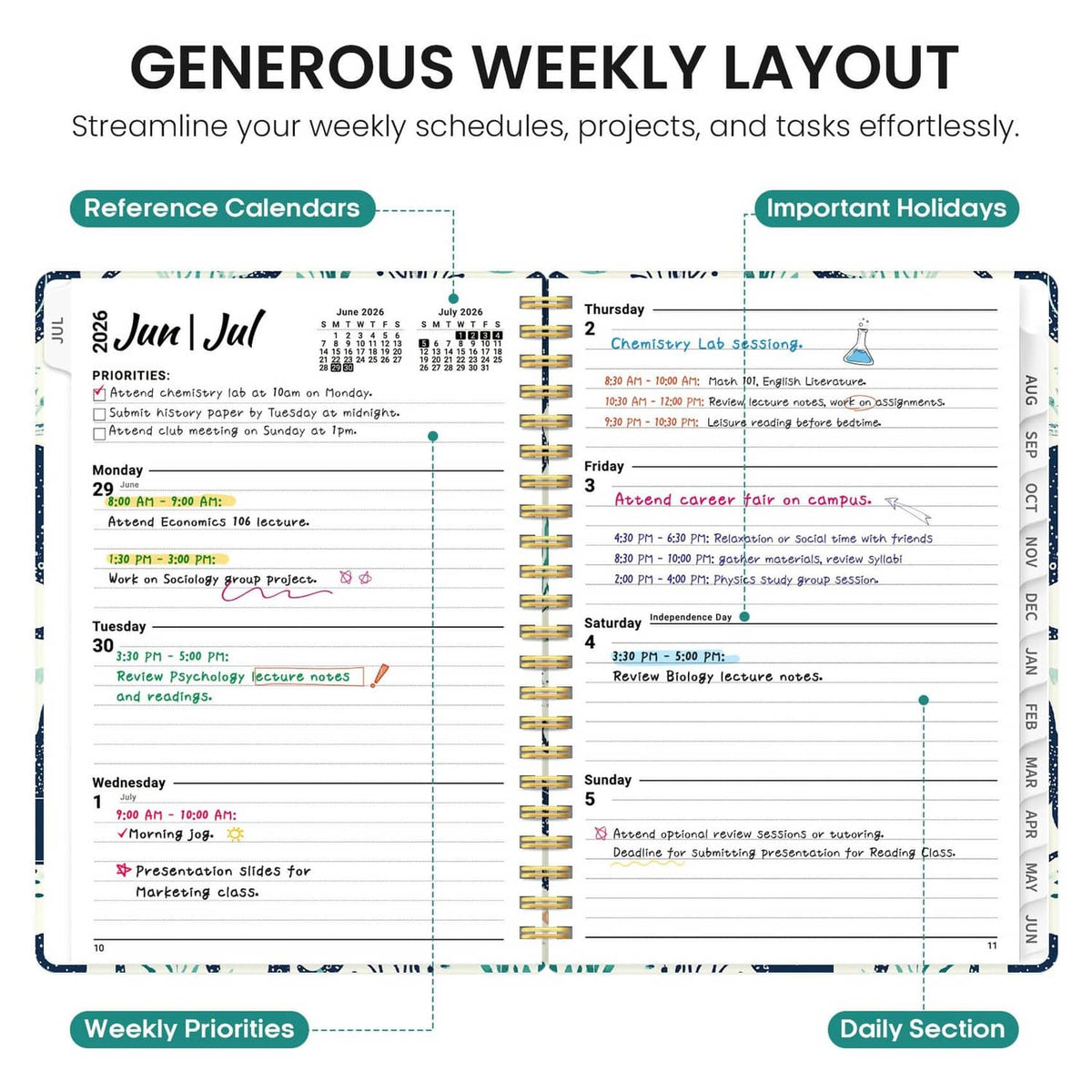 Open weekly layout pages in a spiral planner with daily and priority sections