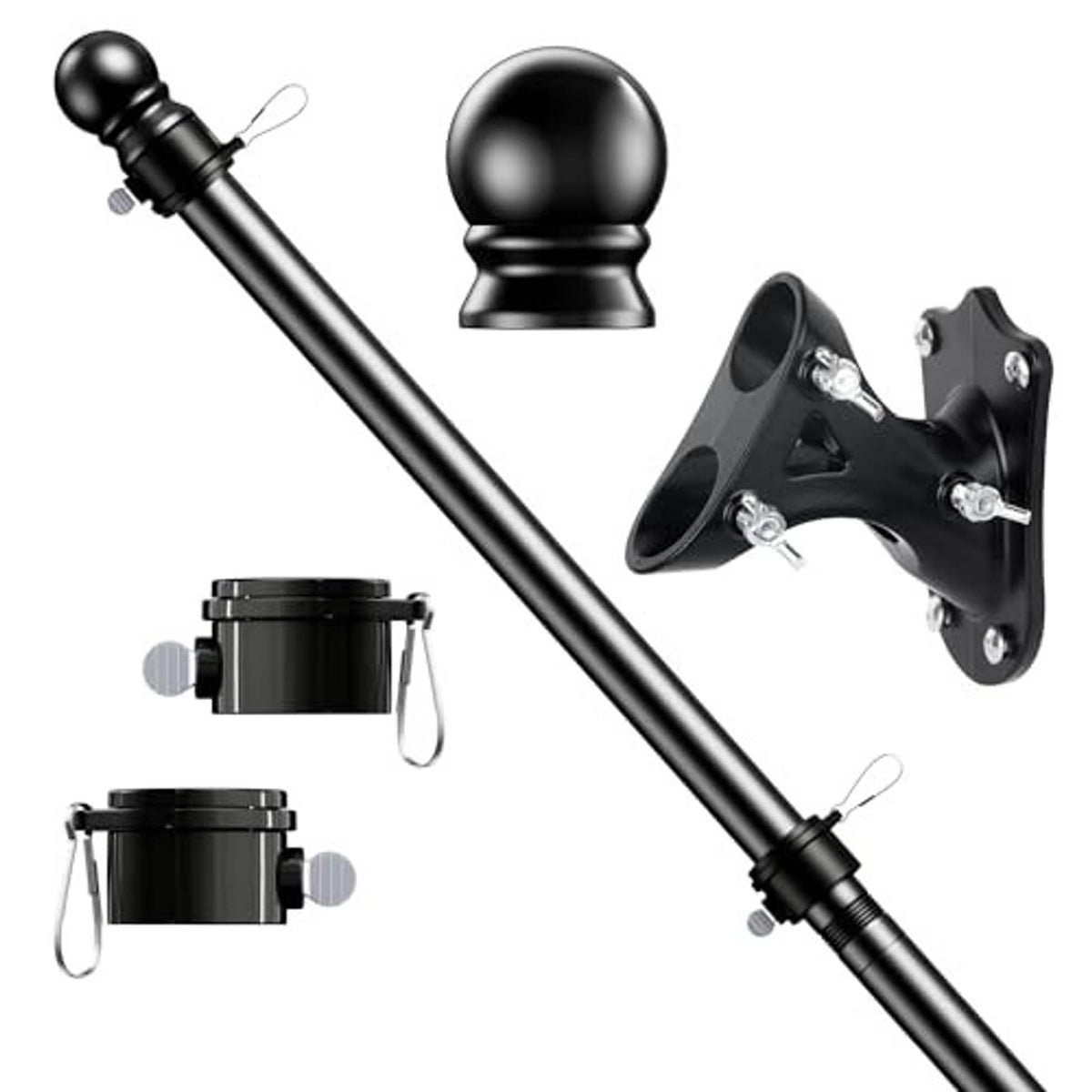 Black flag pole kit with finial, wall-mount bracket, and anti-twist clips (5 ft)
