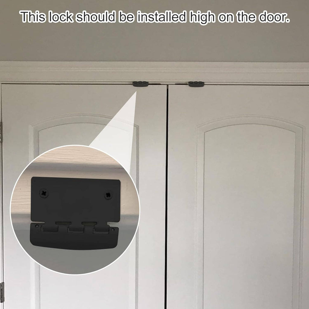 Black flip action door lock mounted high on door panel
