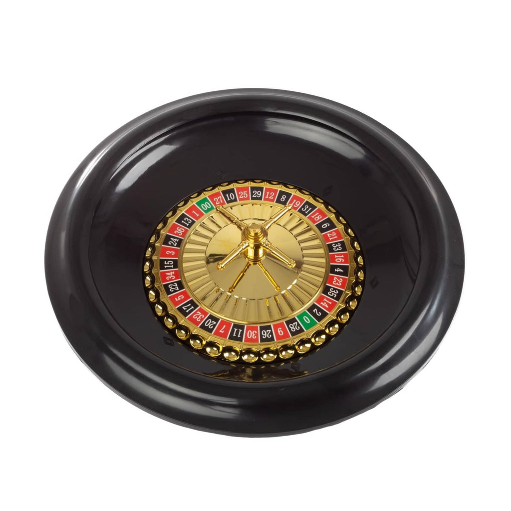 Black roulette wheel insert with colorful numbered ring and gold cross spindle