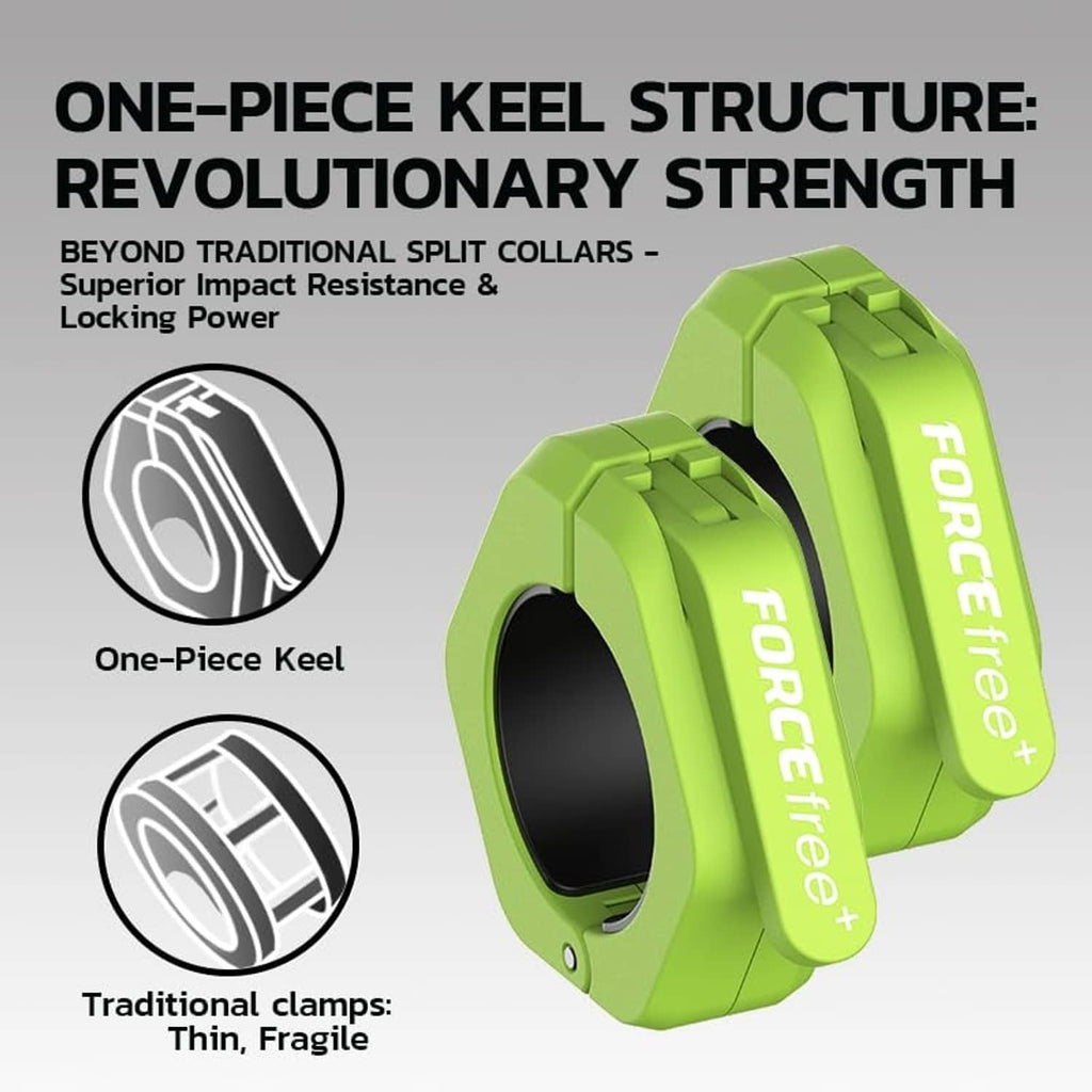 Forcefree+ one-piece keel barbell clamp, lime green body with black inner opening