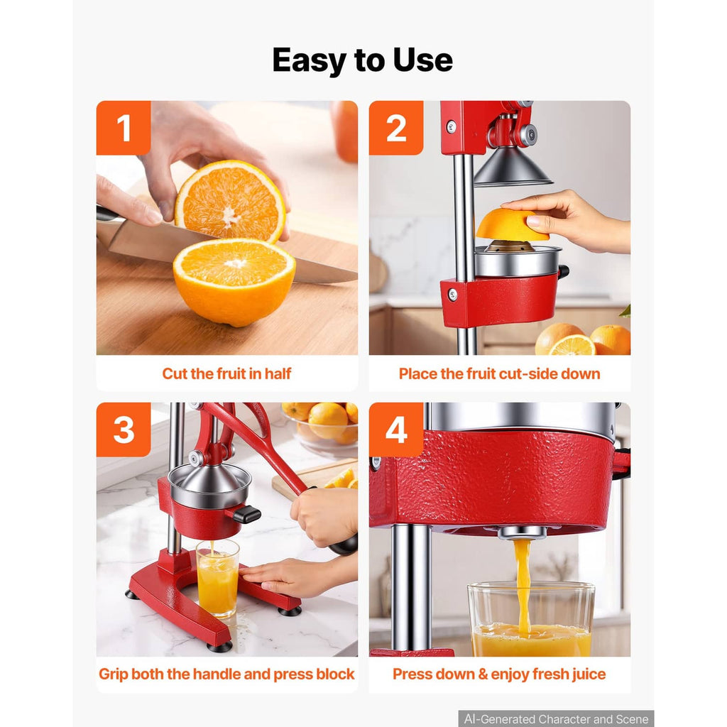 Manual citrus juicer shown with pressing steps and black handle lever