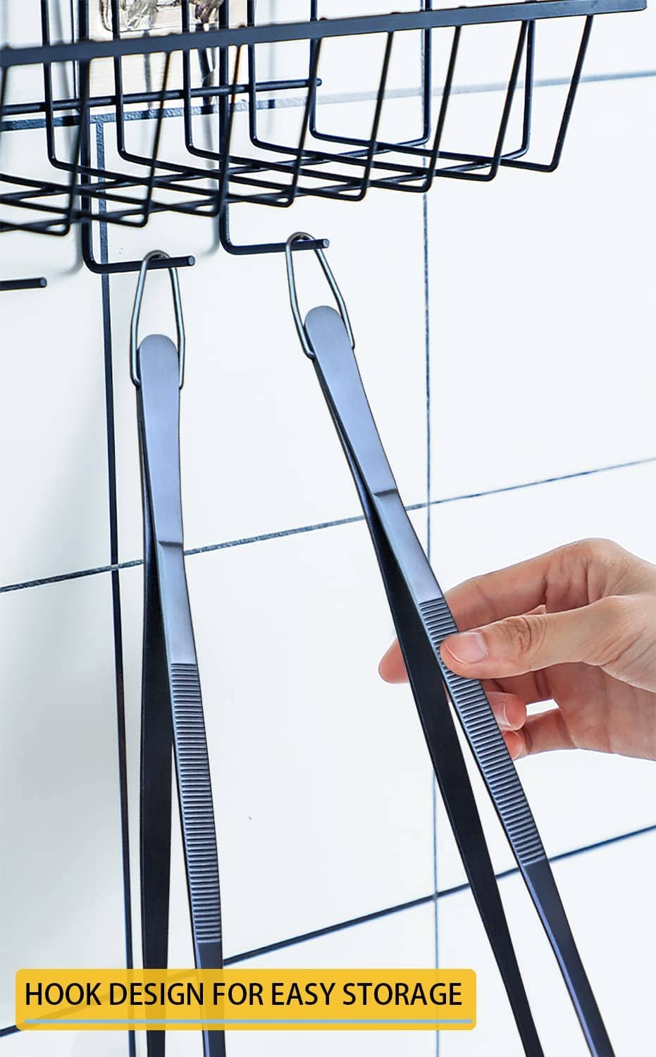 Navy stainless steel tweezer tongs with hook handles for easy storage on a rack