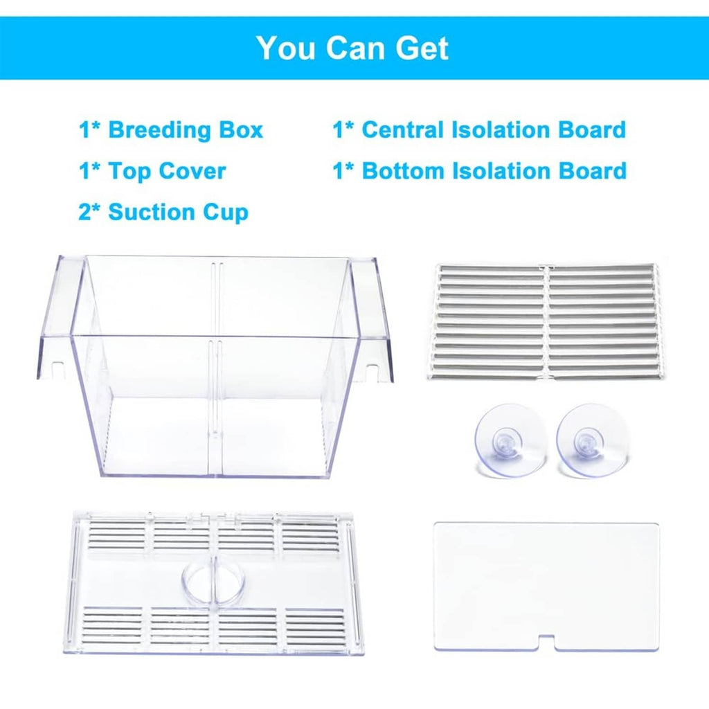 Fish breeding box aquarium holding tank parts: box cover, isolations, and suction cups