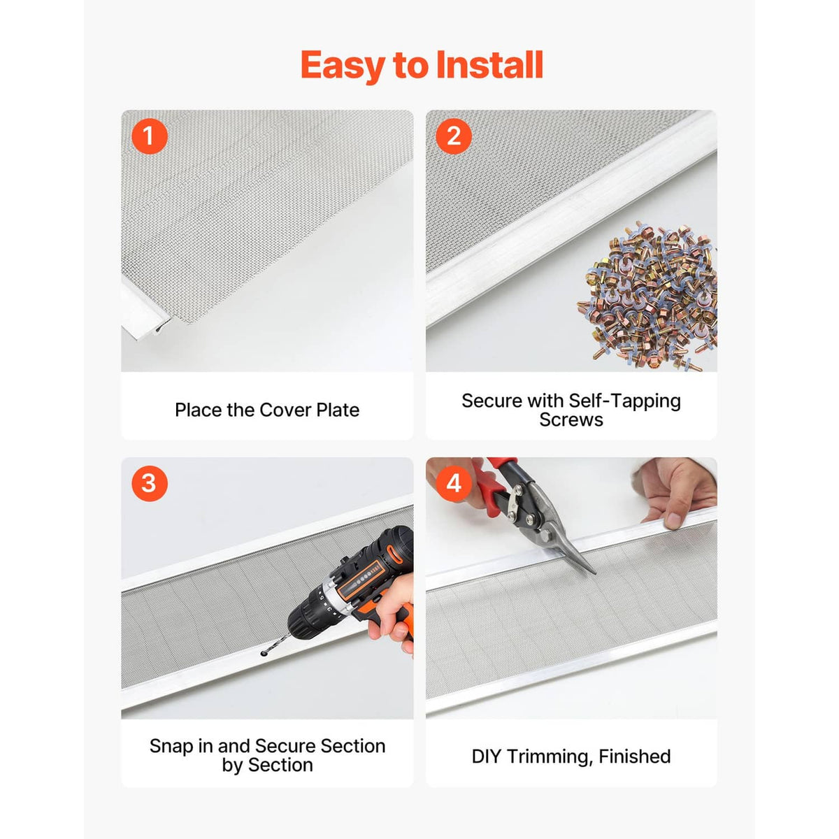 Steel mesh gutter cover kit with mounting screws and self-tapping screw installation