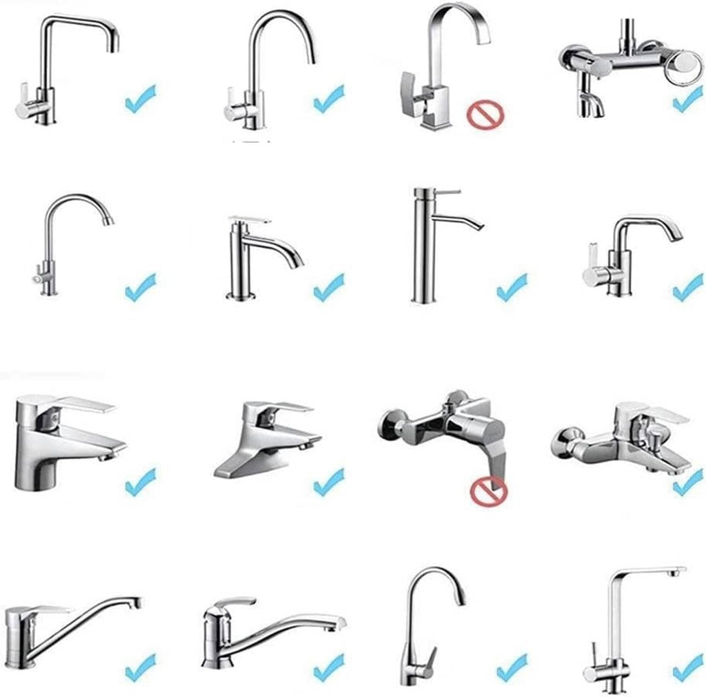 Faucet aerator sprayer compatibility shown with multiple faucet types, checkmarks included
