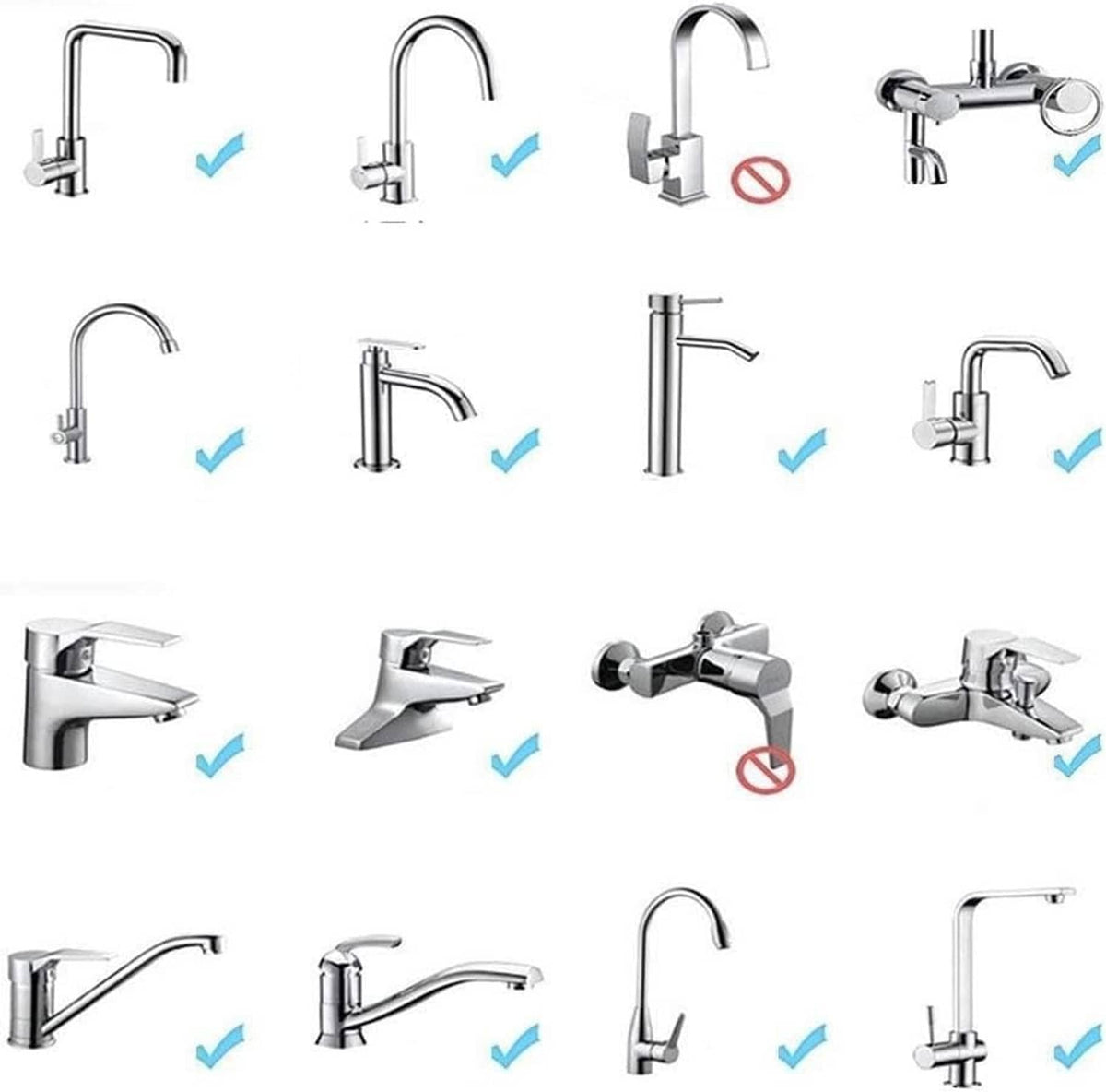Faucet aerator sprayer compatibility shown with multiple faucet types, checkmarks included