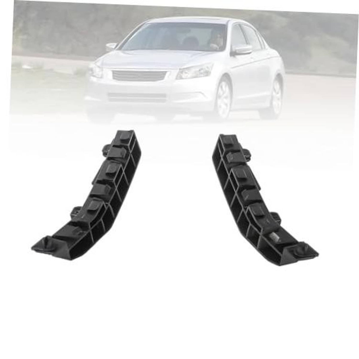 Pair of front bumper bracket retainers, black plastic, left and right