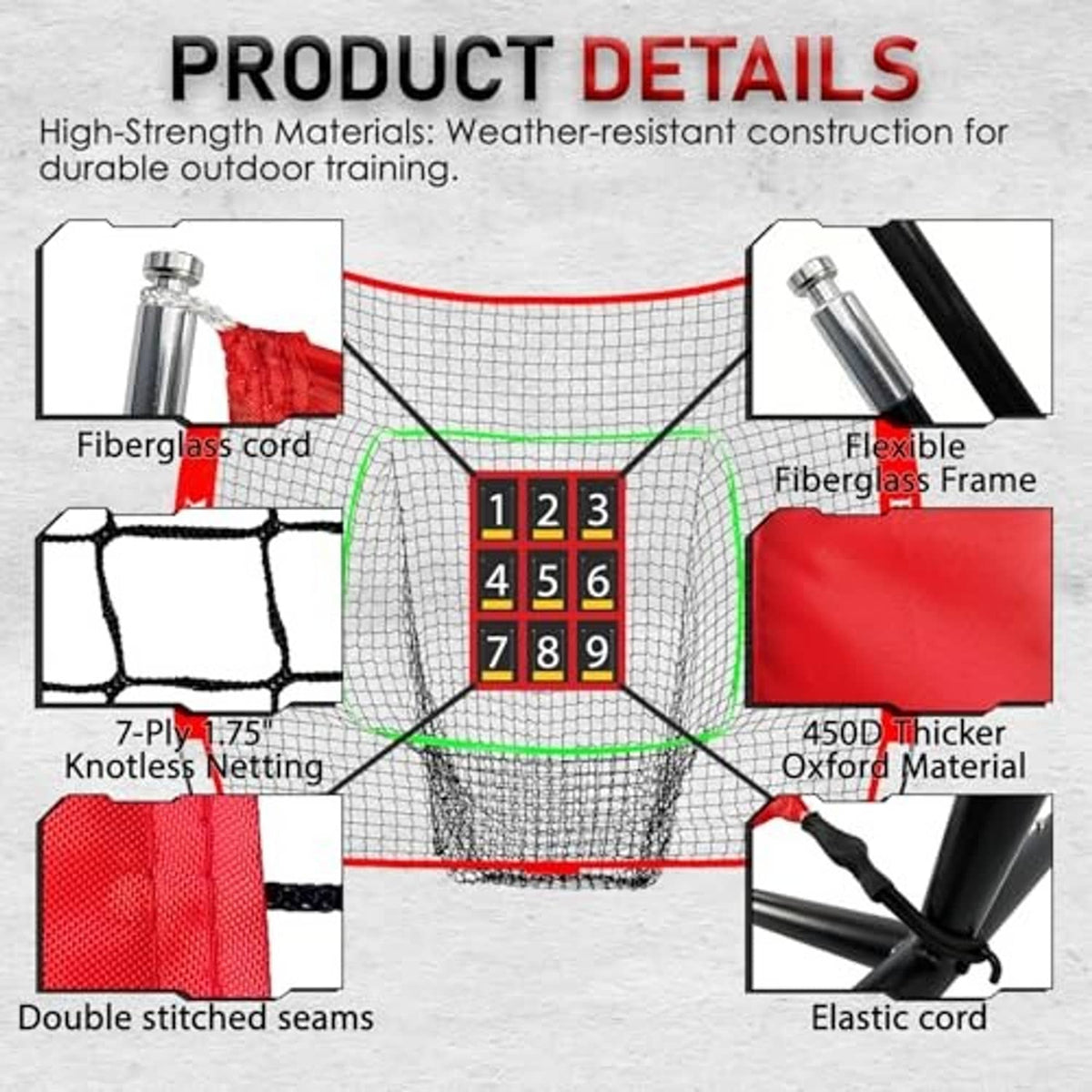 Baseball practice net close-up with numbered strike zone target, green frame, netting