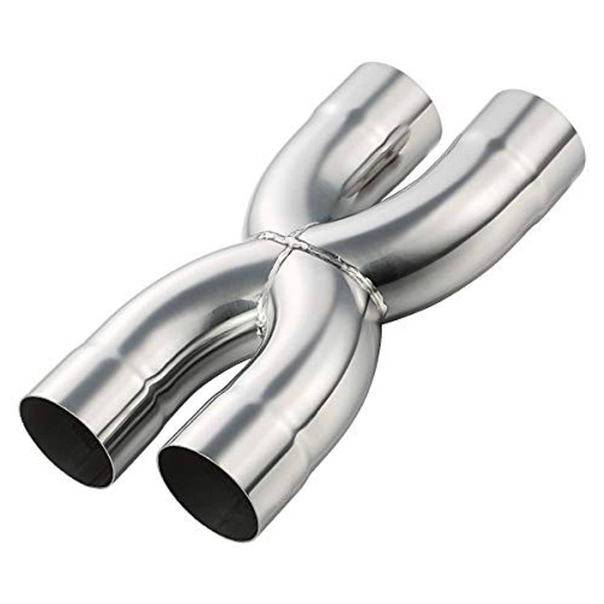 Stainless 2.5 in crossover X pipe, polished finish, two black-lined outlet ends