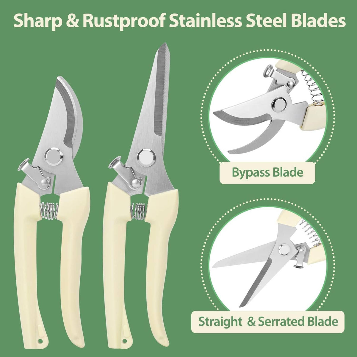 Pruning shears: stainless bypass and straight/serrated blades, cream handles