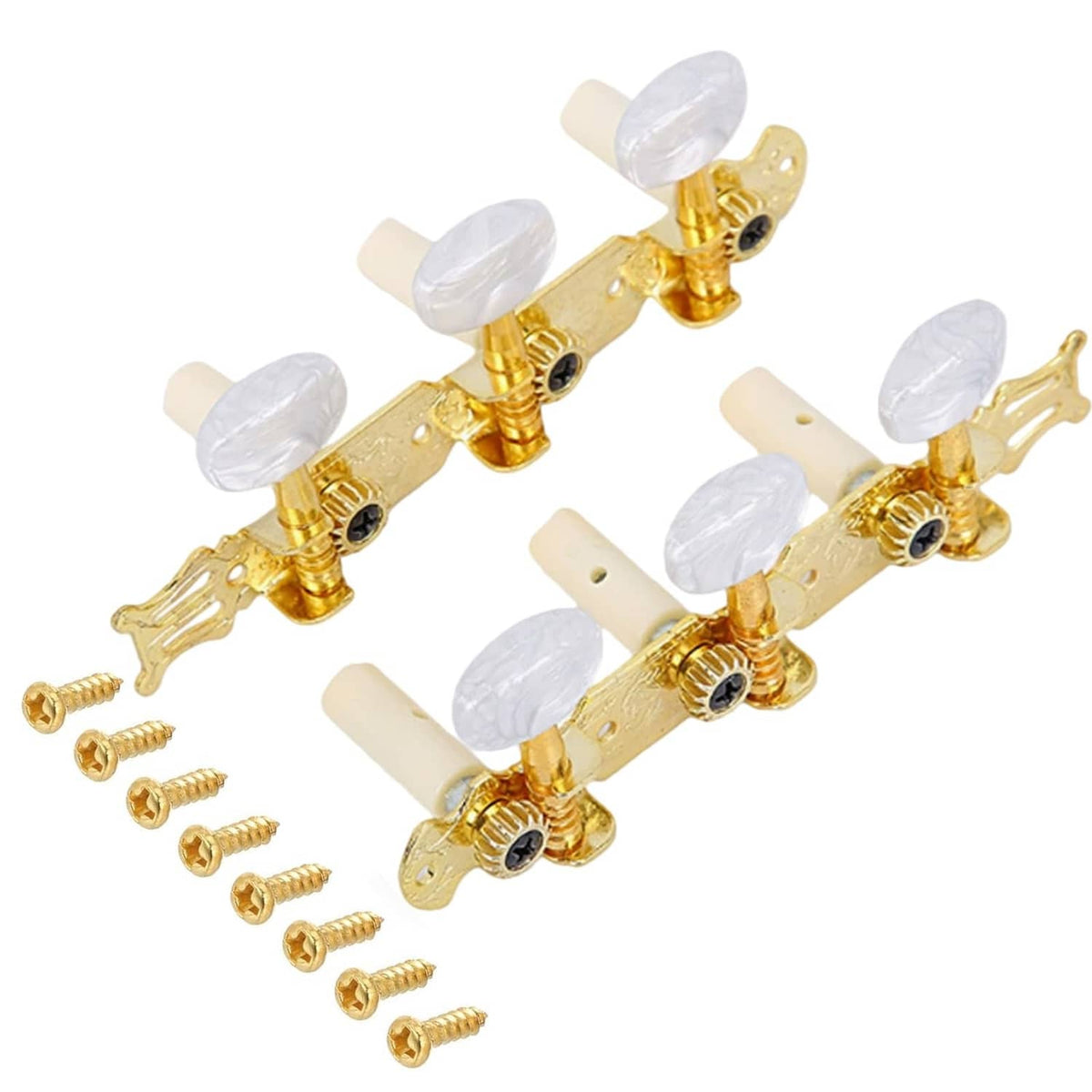 Gold classical guitar tuning pegs with white plastic buttons and mounting screws